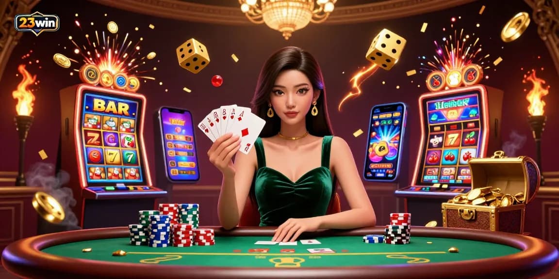 Engage in a thrilling poker experience at 23win featuring a beautiful Asian woman at a luxury table with high-stakes cards.