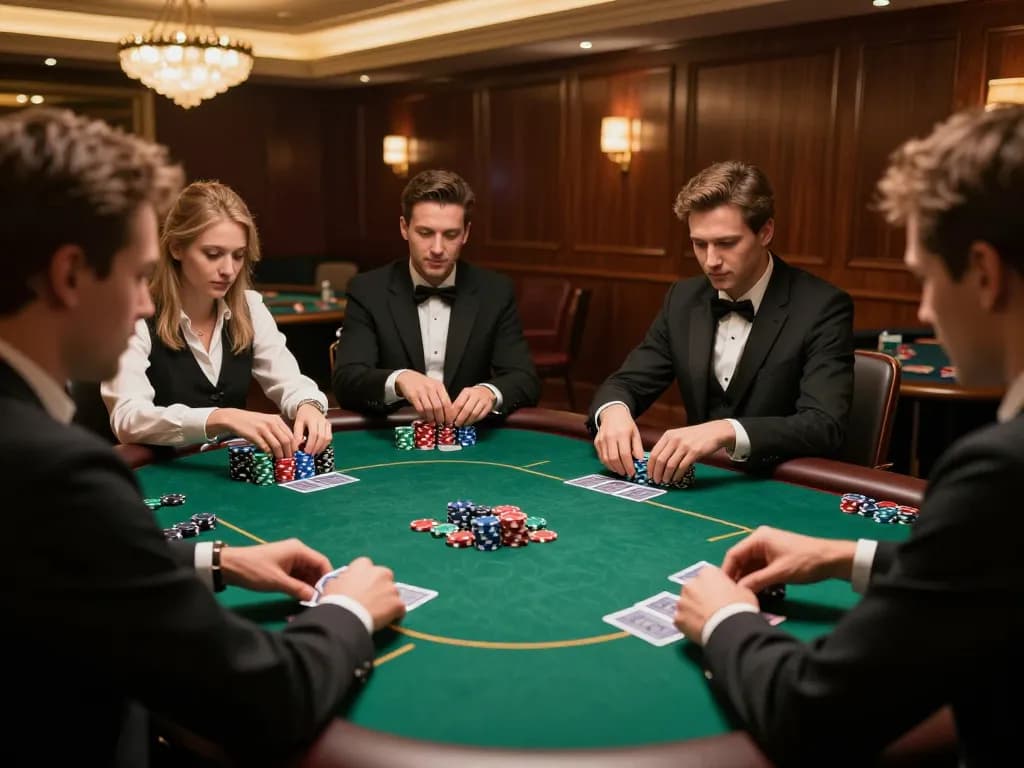 vip99win players enjoying a strategic poker game at an upscale casino table.