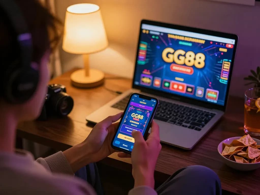 Experience the excitement of GG88 gaming with a smartphone in a cozy home setting