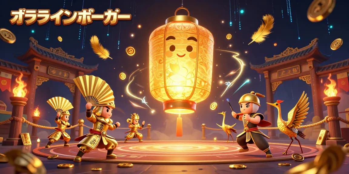 オンラインポーカーを楽しむための幻想的な場面を描いたイラスト。
