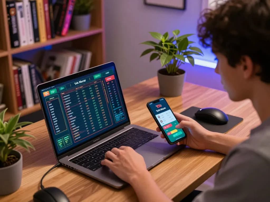 Scena permainan online Toto Macau dengan seorang pemain yang menganalisis strategi di laptop di rumah.