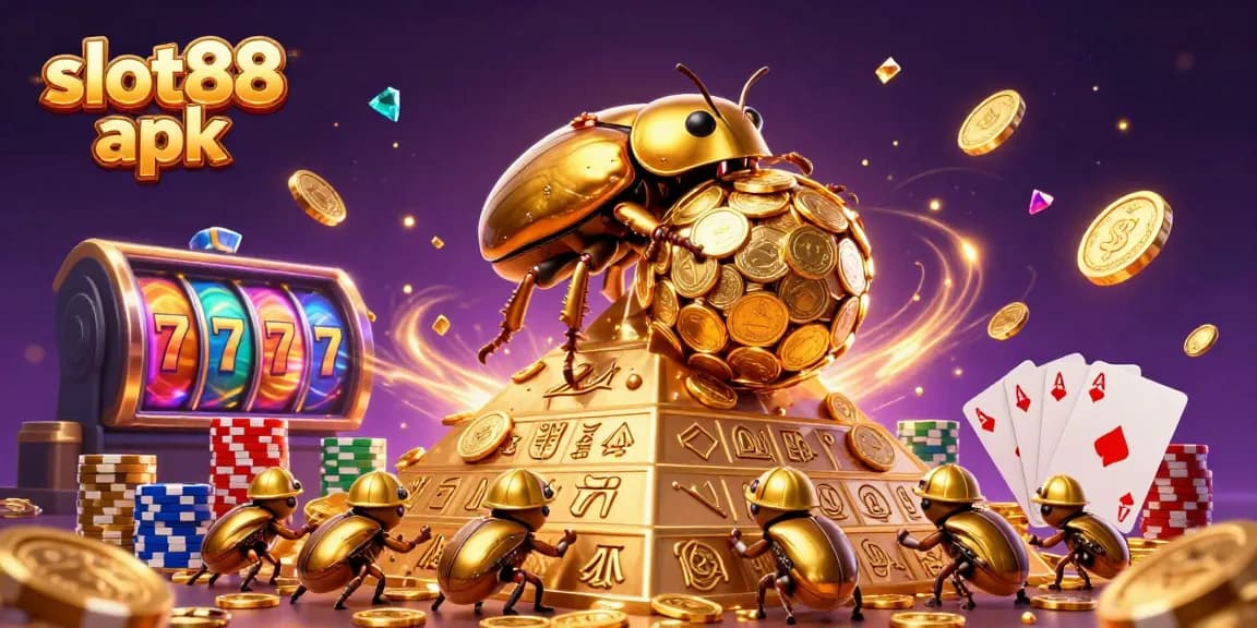 Engage in winning with the slot88 apk, as golden coins and slot game reels create a vibrant casino experience.