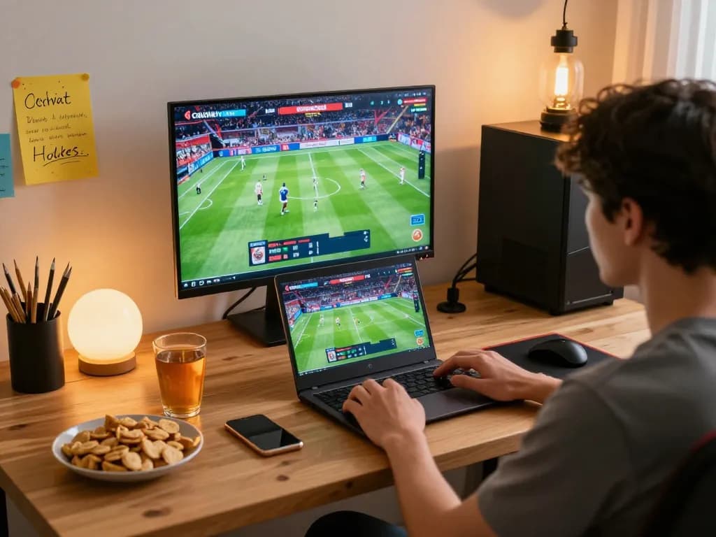 Cakhiatv user enjoying a live football stream with engaging atmosphere at their home gaming setup.
