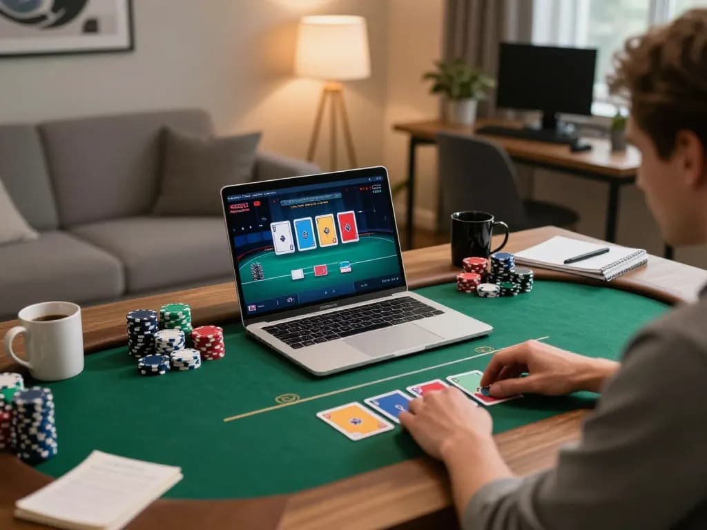 Engaging online poker scene with a player at 789club showcasing strategy in a cozy home setup