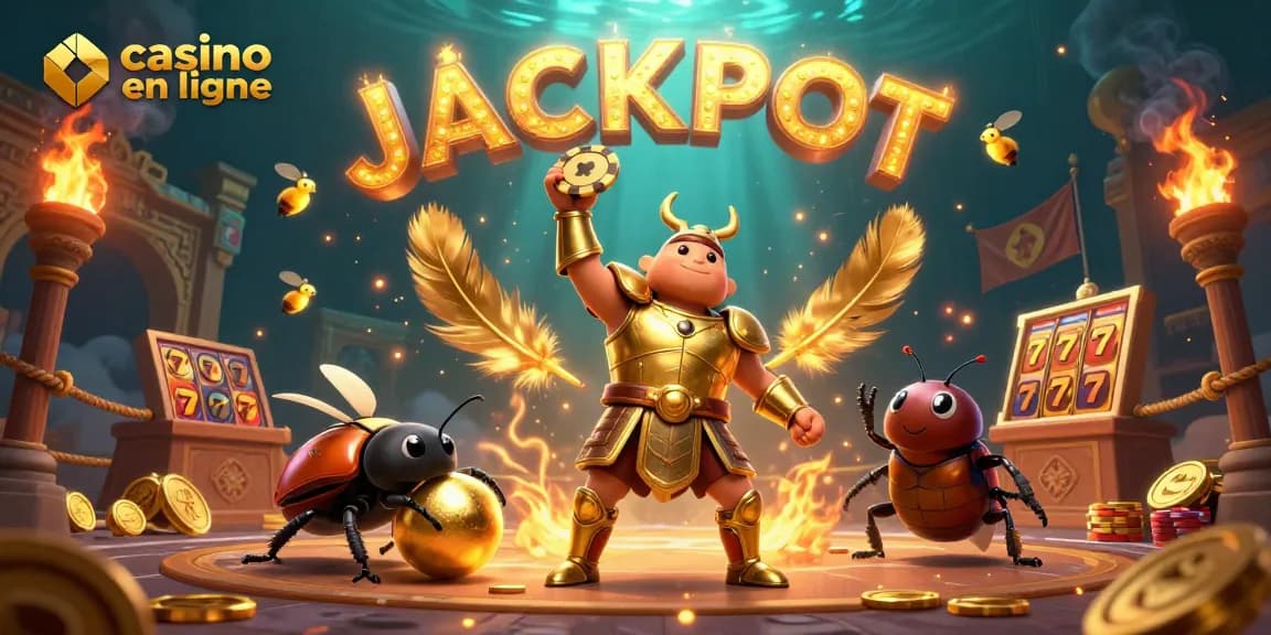 Les éléments du casino en ligne gagnant, avec un scarabée héros célébrant le jackpot.