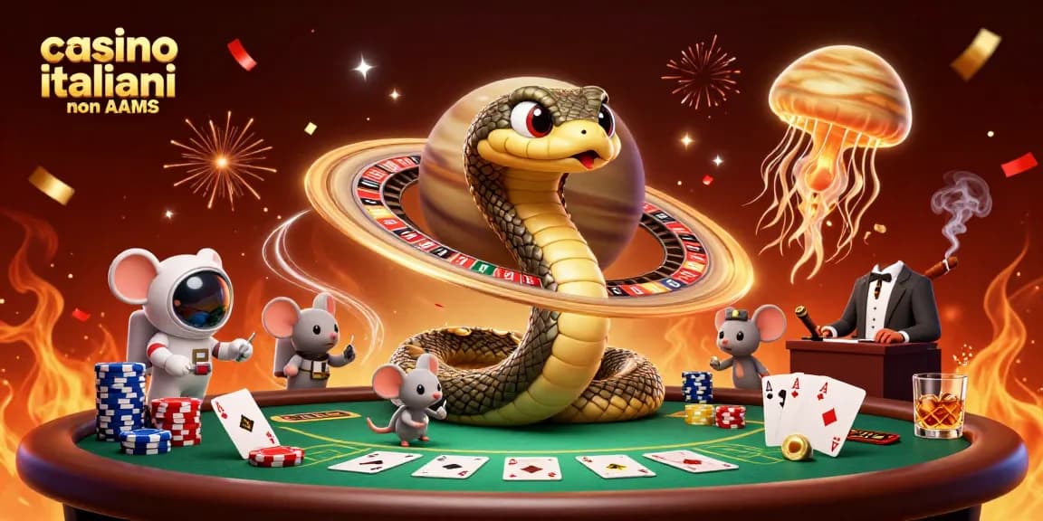 Casinò italiani non AAMS: astronauti scommettono su un serpente che gira come ruota della fortuna.