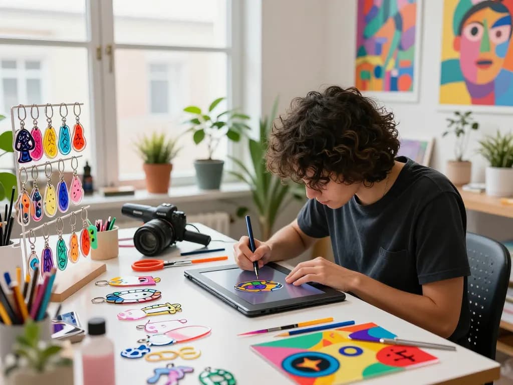 Artist designing custom acrylic keychains at a vibrant workstation, showcasing the acrylic keychain maker process creatively.