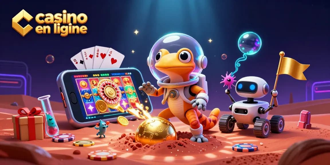 Gérez votre chance au casino en ligne avec une illustration détaillée d'un gecko martien découvrant un casino d'or.