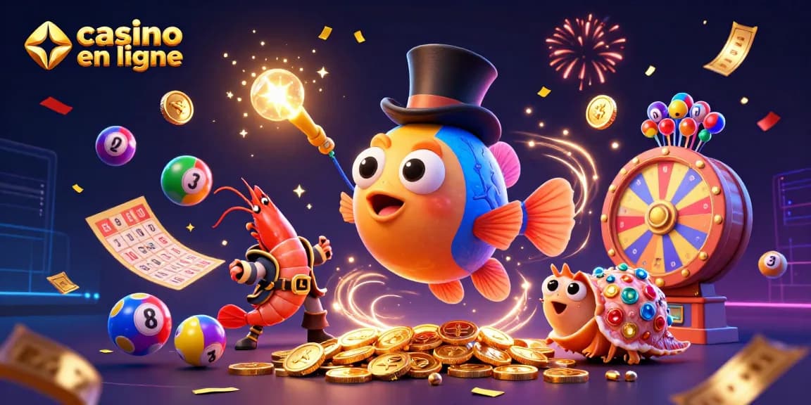 Participez aux jeux de casino en ligne avec cet anglerfish à haut-de-forme attirant des pièces en or dans un monde sous-marin coloré.