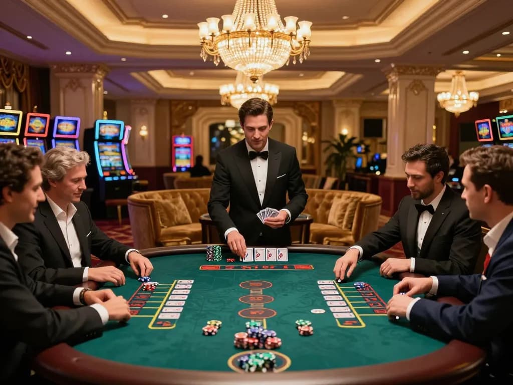 Players enjoying a strategic baccarat game at kubet in a luxurious casino setting.