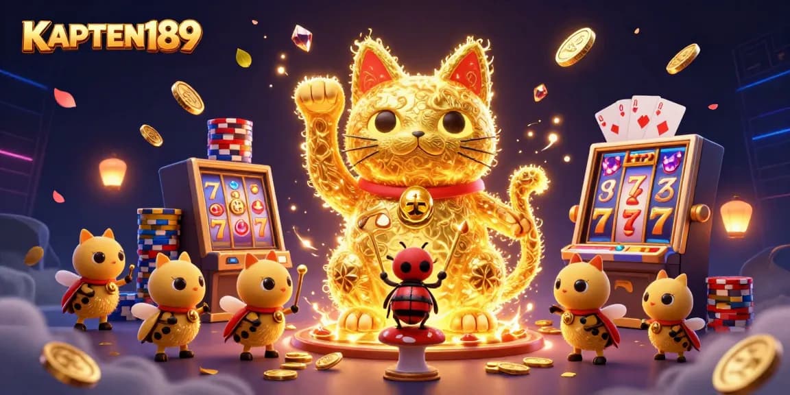 KAPTEN189 menawarkan suasana permainan slot online yang seru dengan simbol keberuntungan, tumpukan chip, dan kartu royal flush.