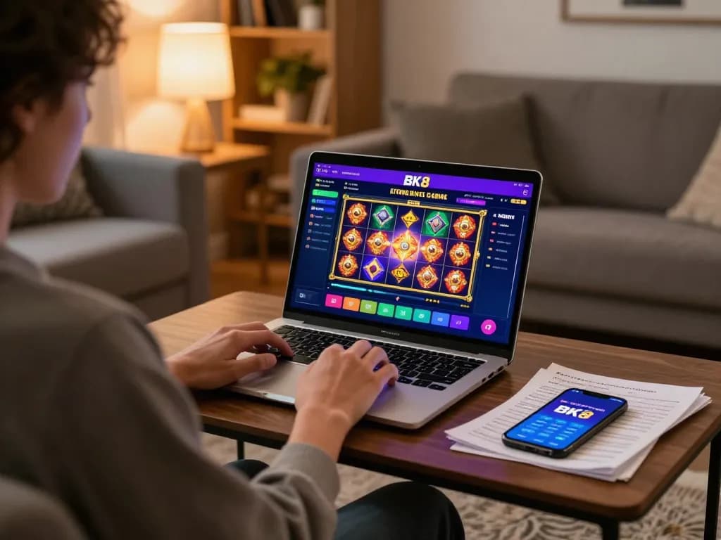 Person using a laptop for online BK8 gaming at home with vibrant visuals from slot games.