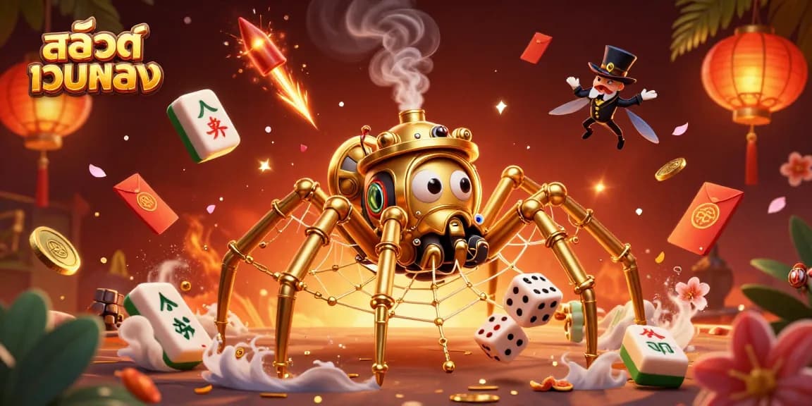 Play exciting สล็อตเว็บตรง with a golden steampunk spider and vibrant winning symbols.
