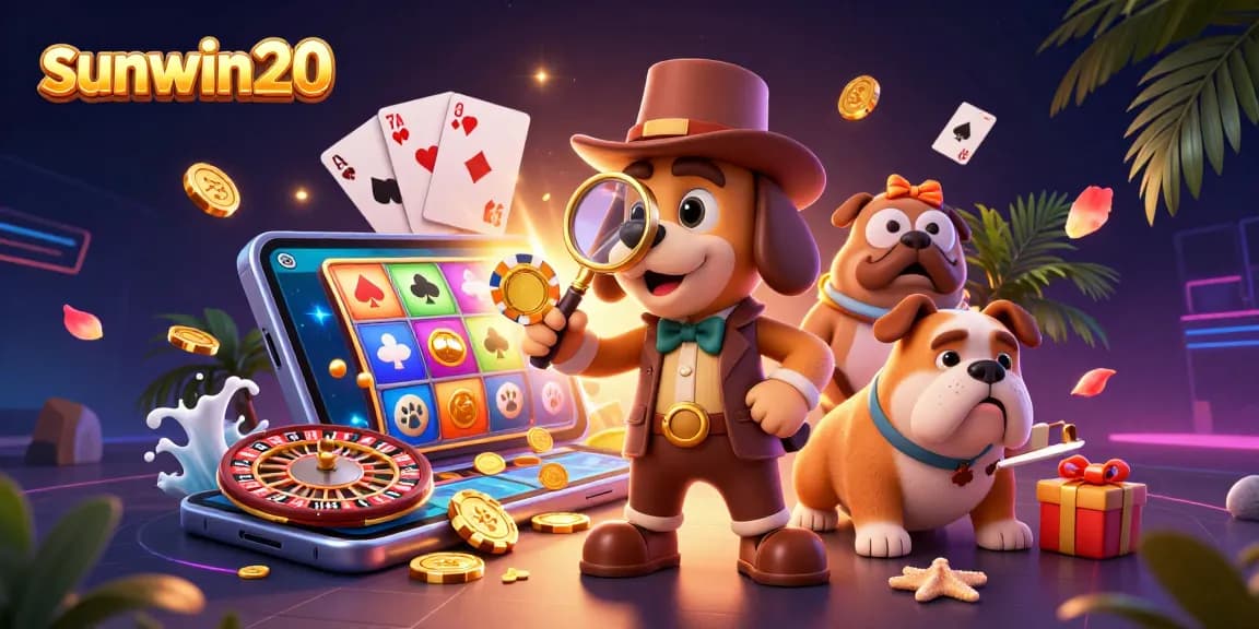 Experience sunwin20 gaming excitement with a detective examining poker clues amidst vibrant casino elements.