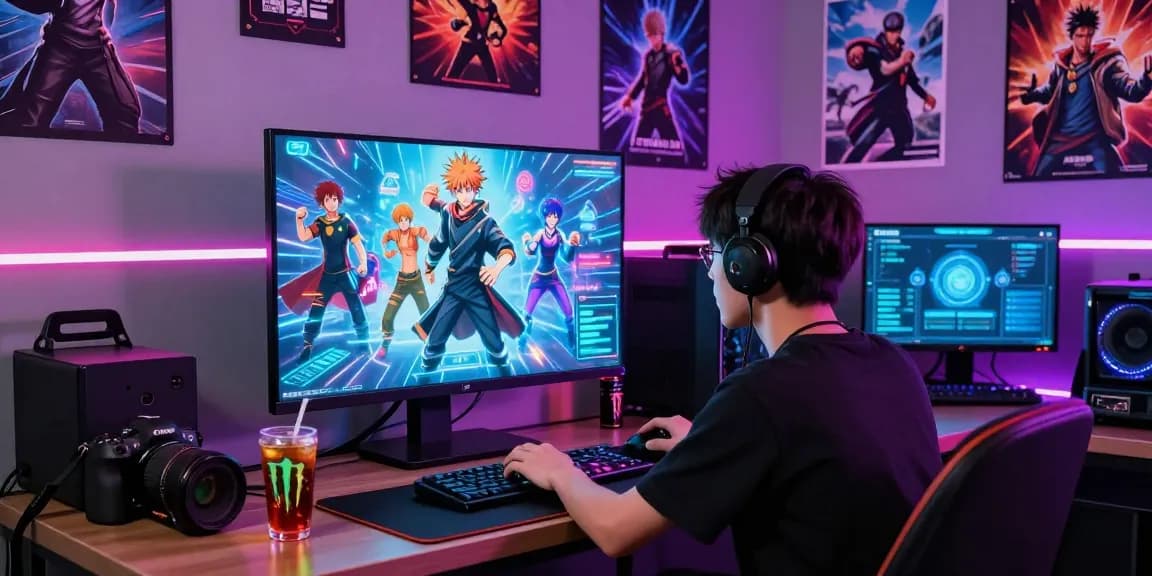 Engaging scene of a player navigating the Status game with holographic characters and gaming gear.