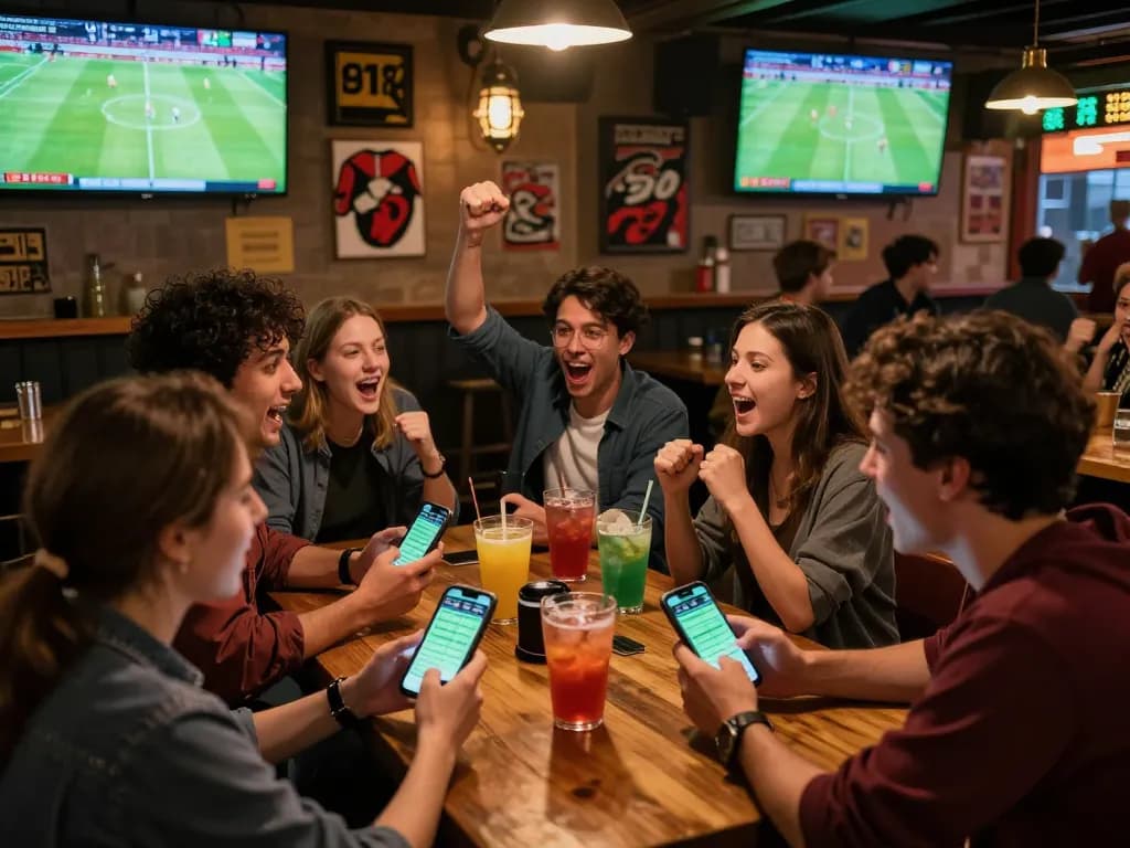 Friends actively placing bets on kèo nhà cái 5 at a lively sports bar during a game, showcasing excitement.
