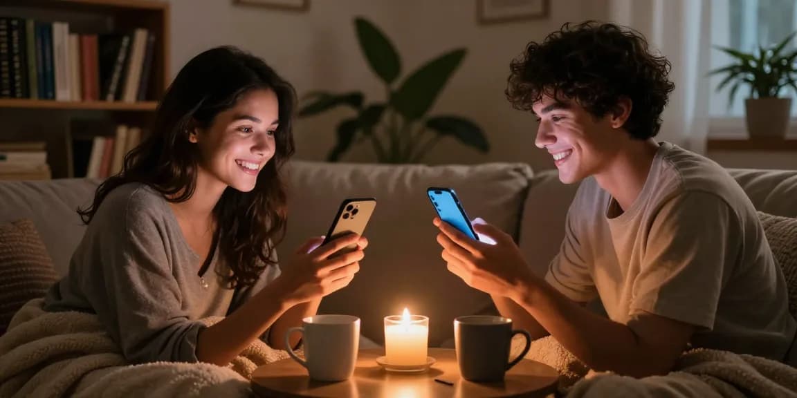 Engaging in sex AI chat, couple cozy in living room with romantic elements.