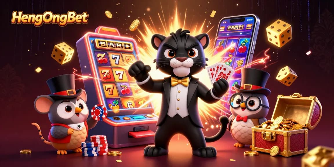 Experience thrilling gameplay at HengOngBet with vibrant casino characters amidst a jackpot explosion.