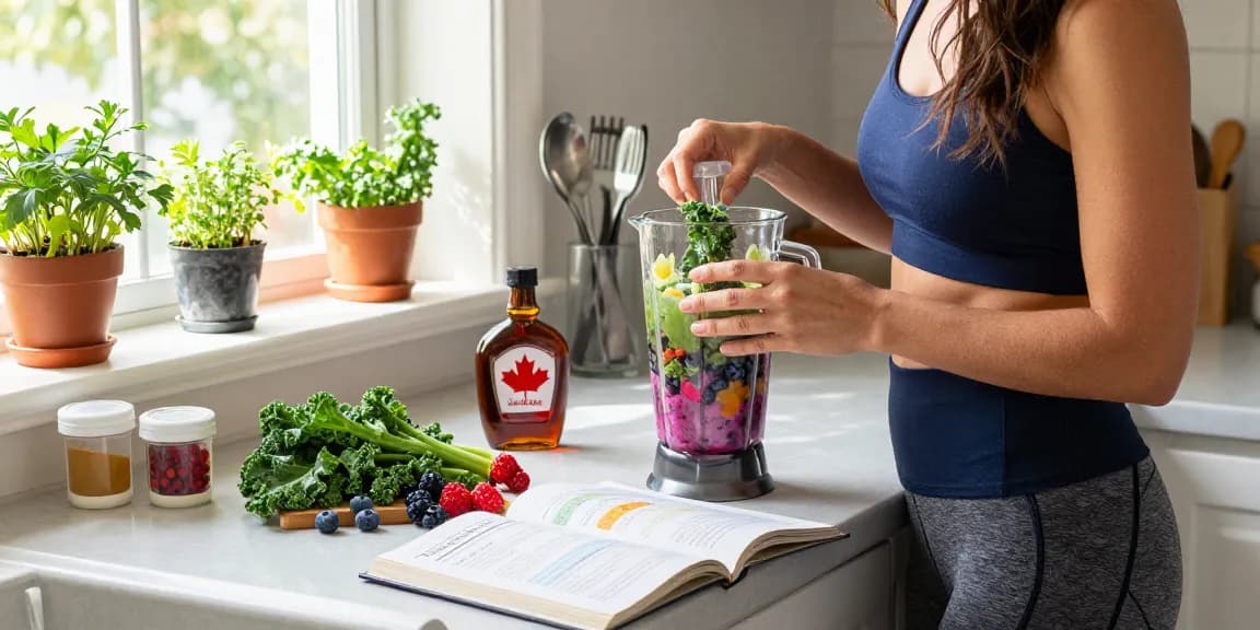 Creating nutritious smoothies with made in Canada supplements in a sunny kitchen.