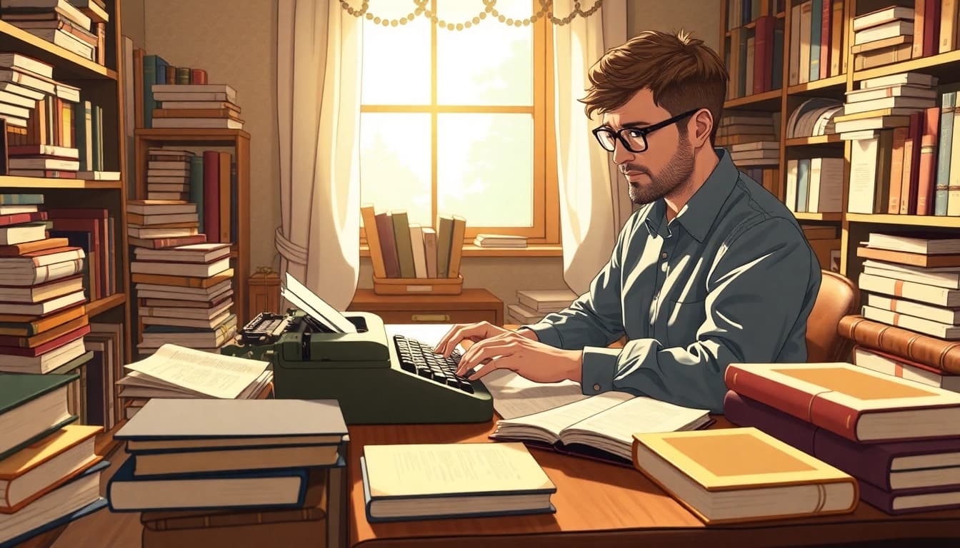 Author engaged in creative writing at a vintage typewriter in a cozy office setting.