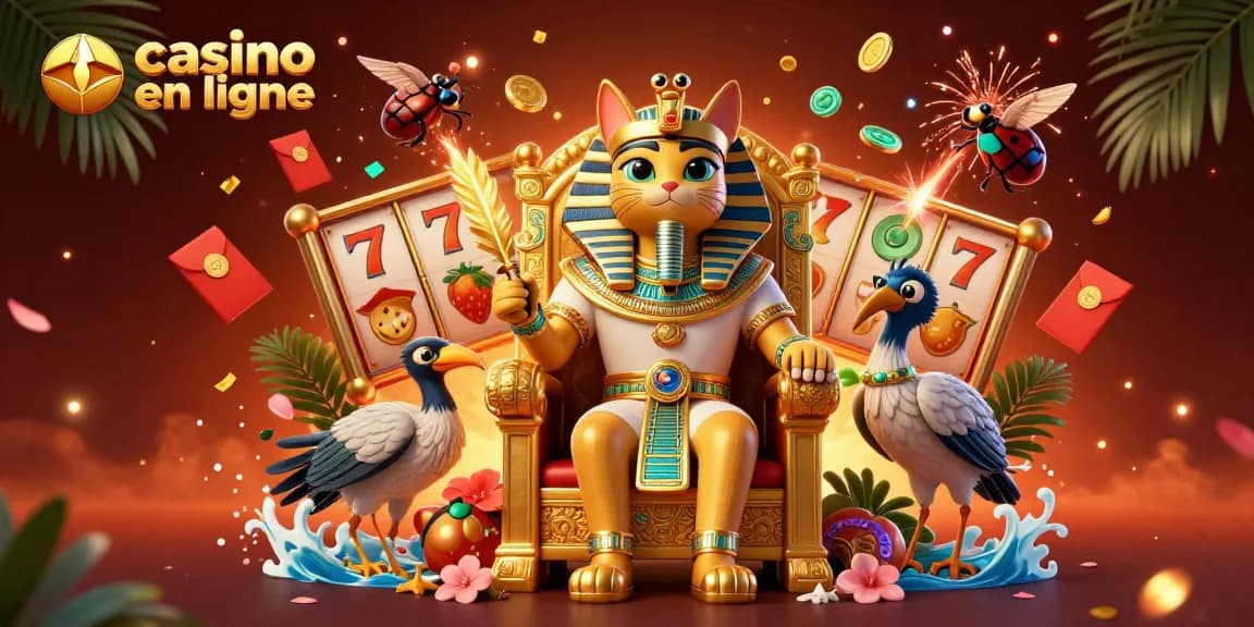Illustrez votre chance au casino en ligne avec un pharaon égyptien et des rouleaux de jeux.