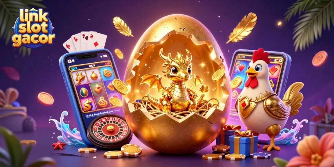 Engage with link slot gacor through this vibrant 3D illustration showcasing golden treasures and slot elements.