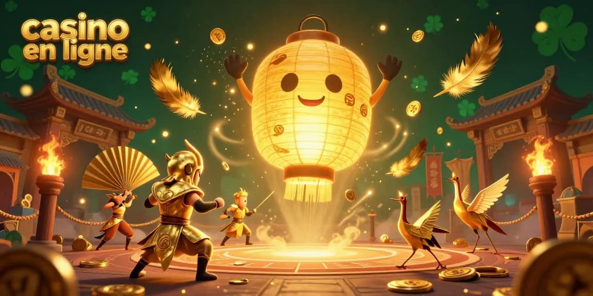 Profitez de l'excitation du casino en ligne avec cette scène vibrante et dynamique animée par des personnages de lanternes et guerriers en papier.