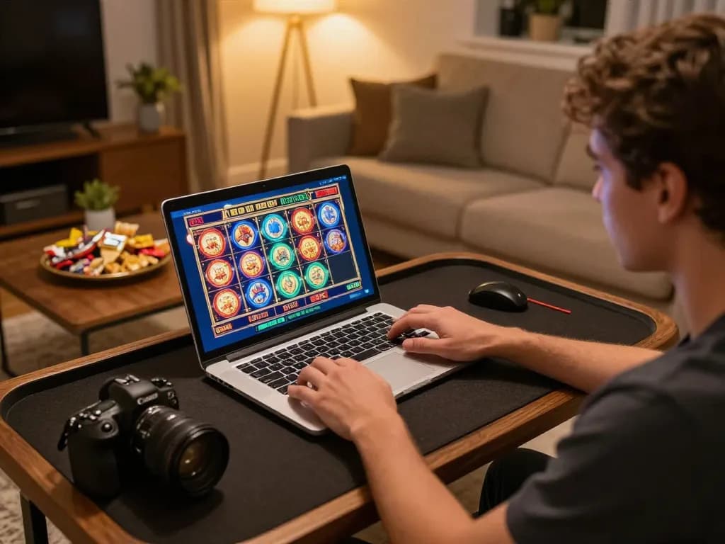 Migliori casino online europei showcased in a cozy home setting with a person playing slots.