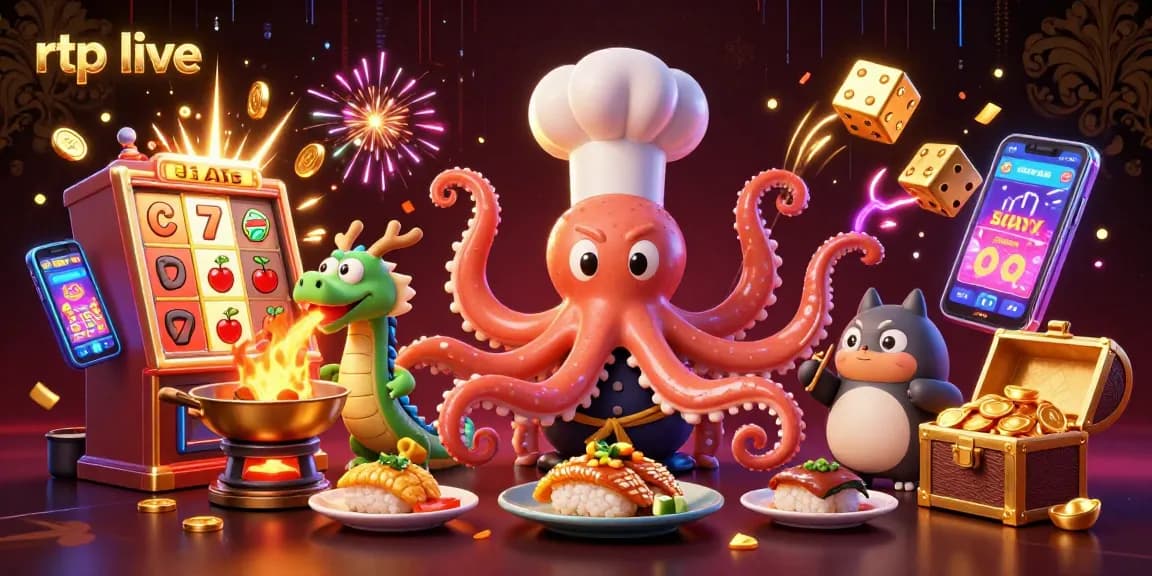 Experience exciting rtp live gambling moments with a cartoon octopus chef and dragon in a bustling casino scene.
