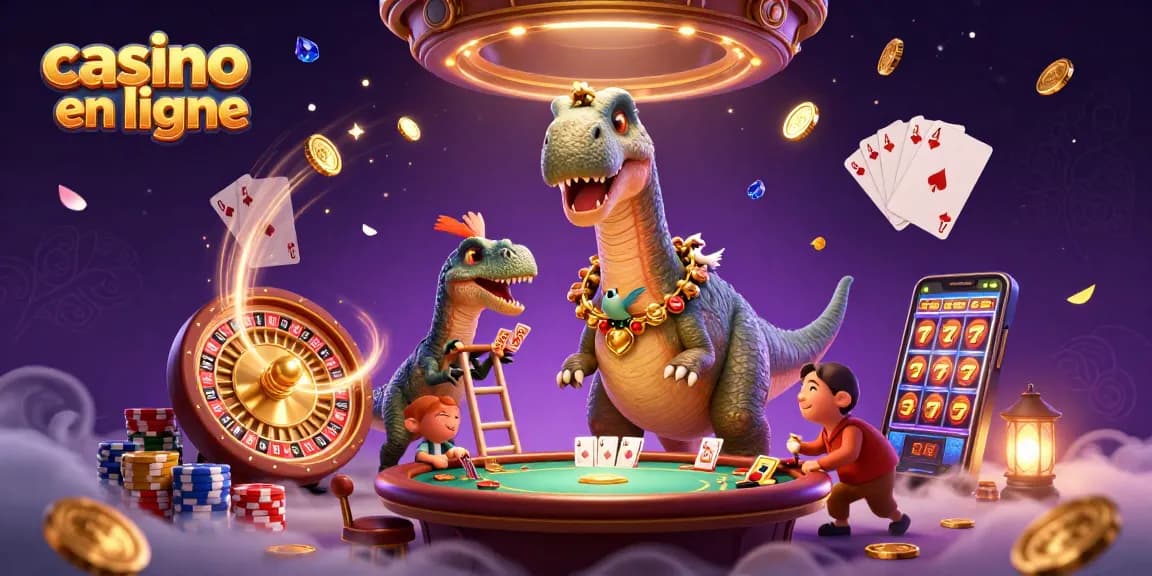 Illustration dynamique et colorée d'un brontosaurus dans un casino en ligne, illustrant l'excitation du jeu.