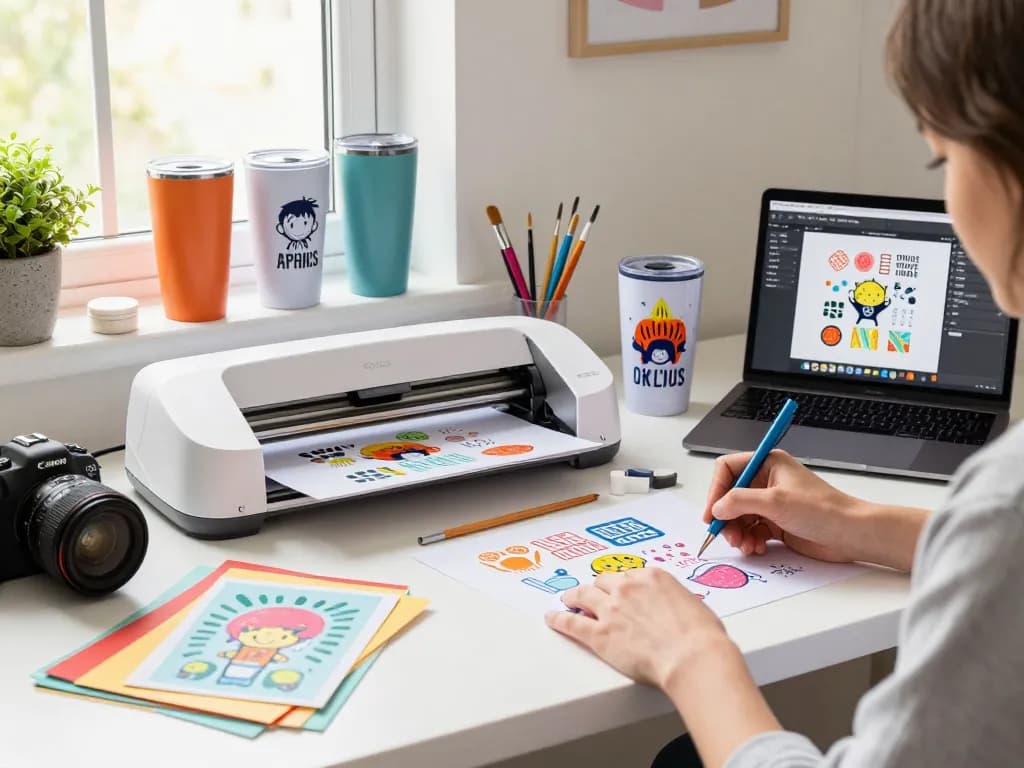 Designing unique tumbler graphics in a vibrant SVG bundle crafting workspace.
