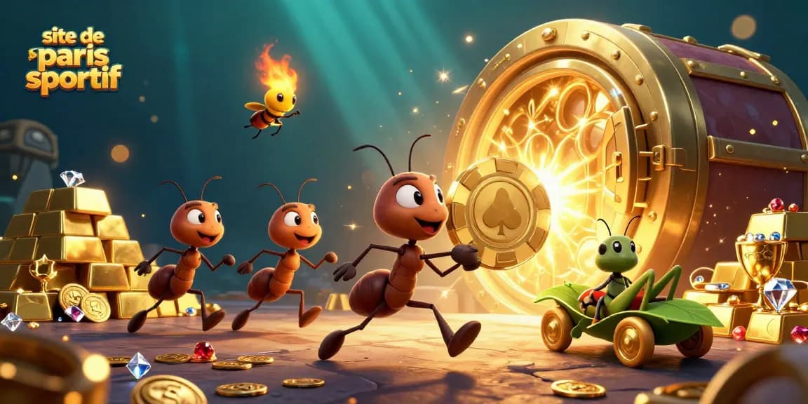 Découvrez le site de paris sportif avec une équipe de fourmis en pleine action pour gagner un jackpot en or.