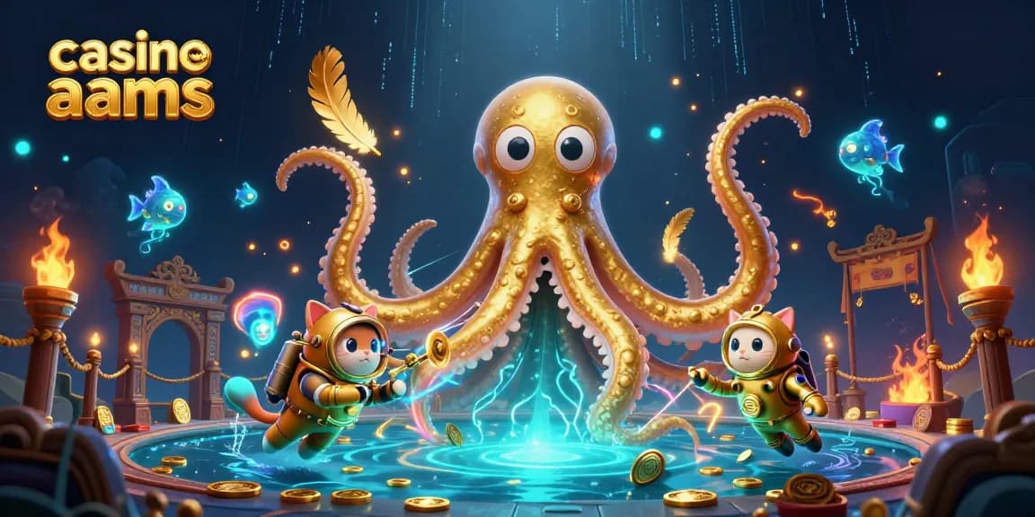Cattura l'essenza del gioco d'azzardo con il casino non AAMS mentre il kraken colossale e il gatto subacqueo creano un'atmosfera avvincente.