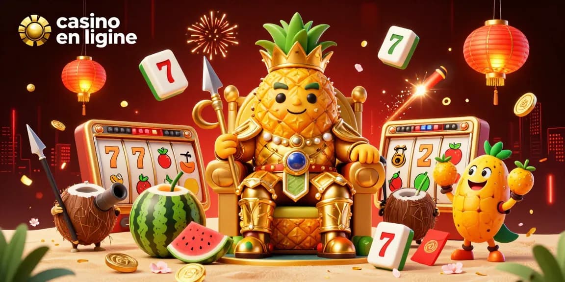 Jouer au casino en ligne dans une scène de fête animée avec un roi ananas et des éléments de jeu.