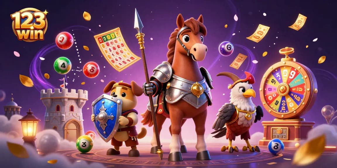 Experience the thrill of 123win with colorful lottery balls and knights in an engaging casino scene.