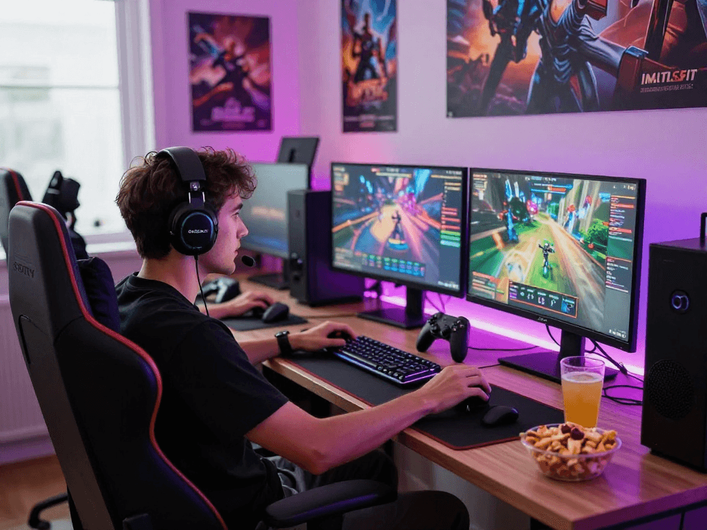 Engaged gamer utilizing raja328 link at a vibrant gaming setup.