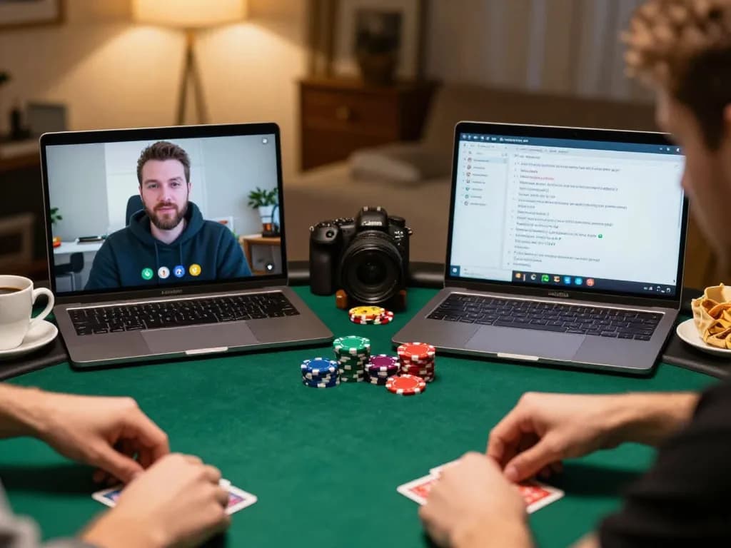 Pemain menikmati permainan poker online di rumah dengan antarmuka paris888, menunjukkan keterlibatan dan interaksi strategis.