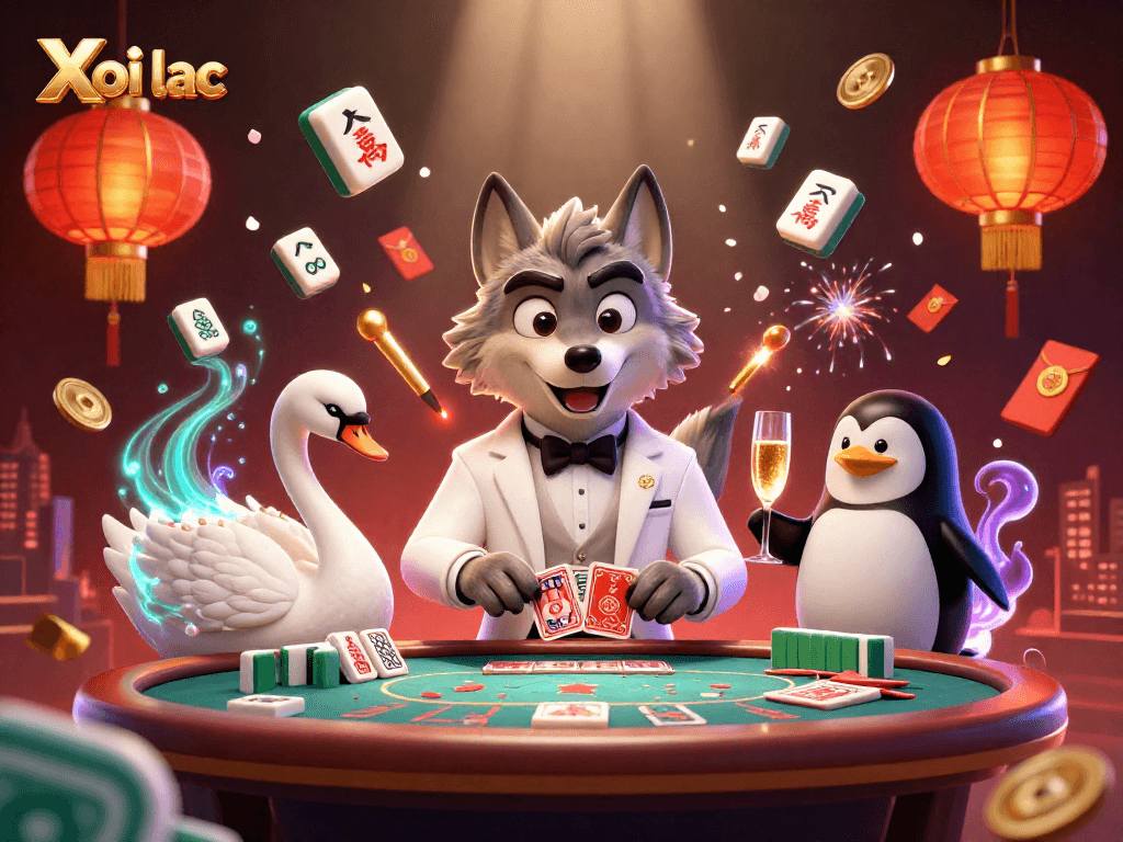 Xoi lac showcases a lively casino scene with a debonair wolf, elegant swan, and champagne-pouring penguin.