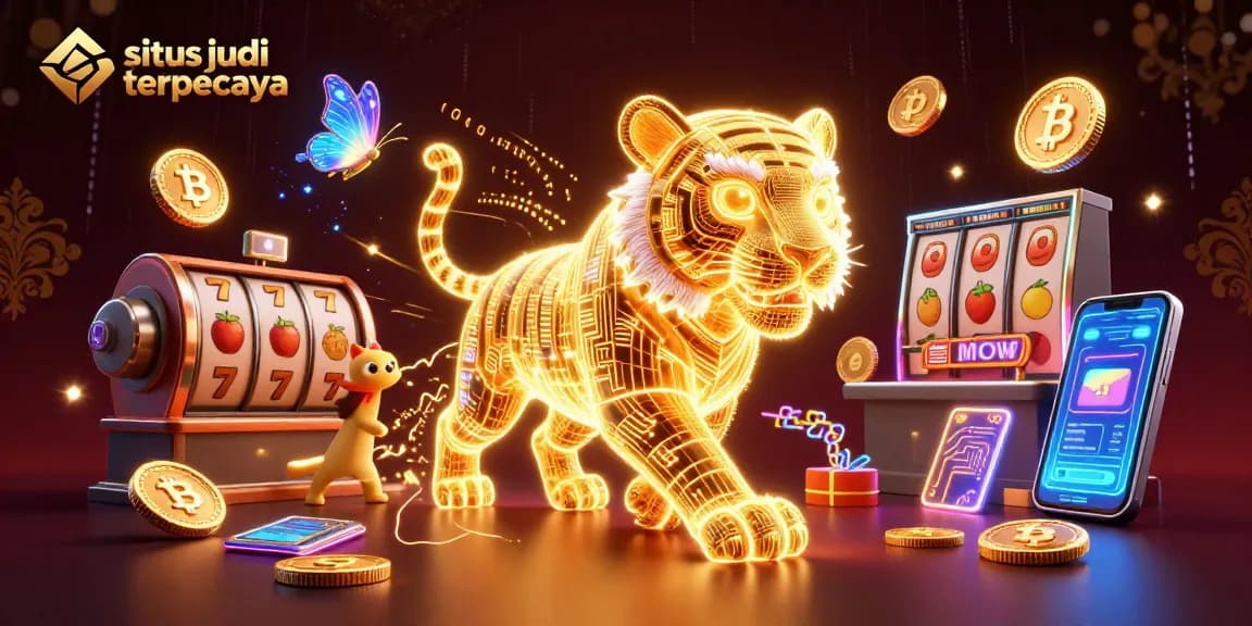 Jelajahi situs judi online terpercaya dengan simbol slot dan tiger digital bersinar di dunia perjudian virtual.
