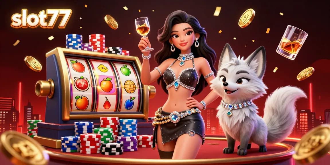 Experience slot77's thrilling gaming atmosphere with vibrant reels, chips, and festive energy.