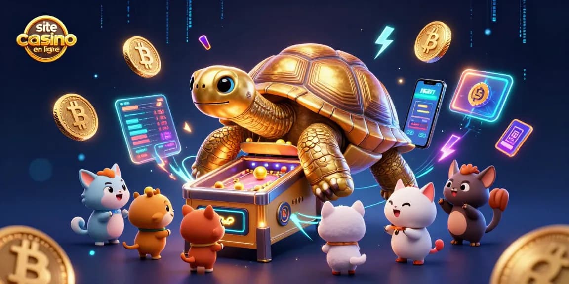 Jouez sur un site de casino en ligne avec une tortue géante en jeu interactif et des éléments crypto illuminés.