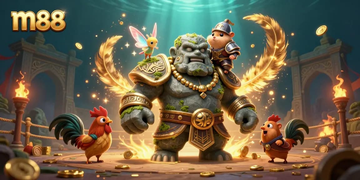 Join the action at m88 with an ancient golem, a fairy, and a hamster knight in an exciting cockfighting arena.