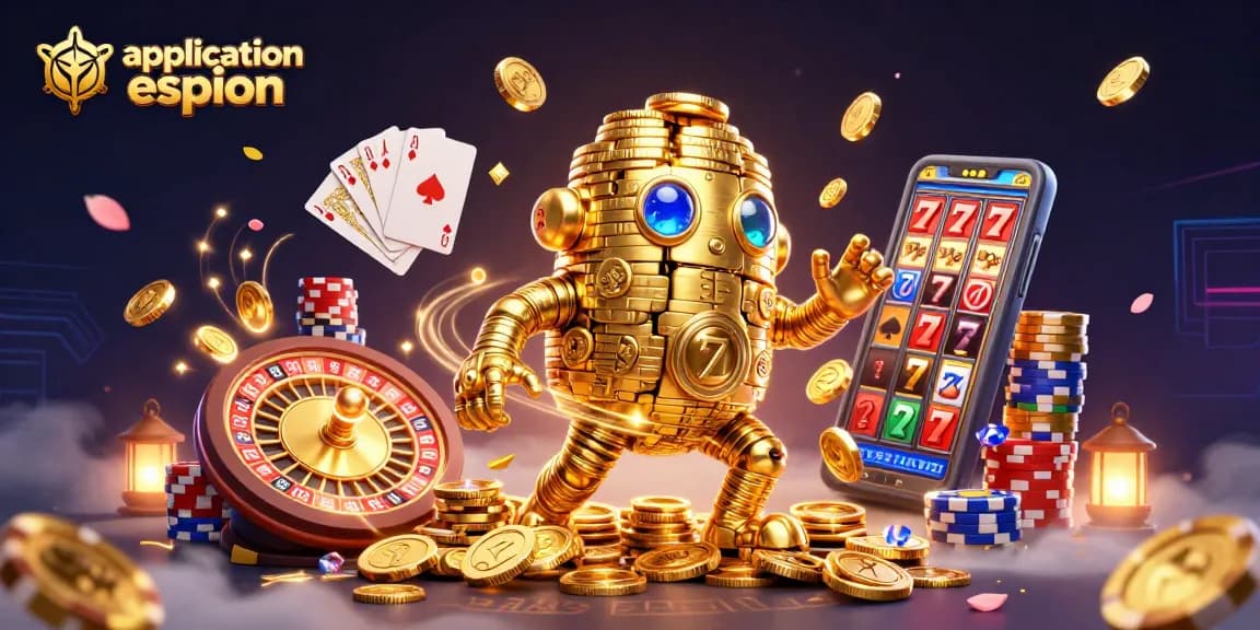 Vivez l'aventure du jeu avec une application espion, entourée de pièces d'or et de symboles de machines à sous.