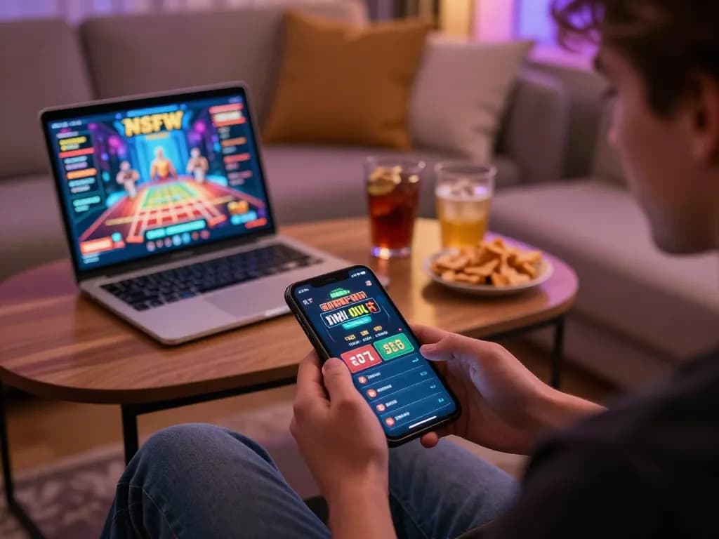 Enjoying nsfw games on a tablet in a cozy living room, relaxed gaming atmosphere.