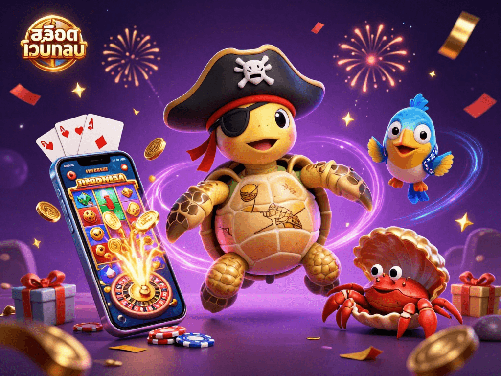 Engage with สล็อตเว็บตรง and experience thrilling adventures with our colorful pirate-themed casino illustration.
