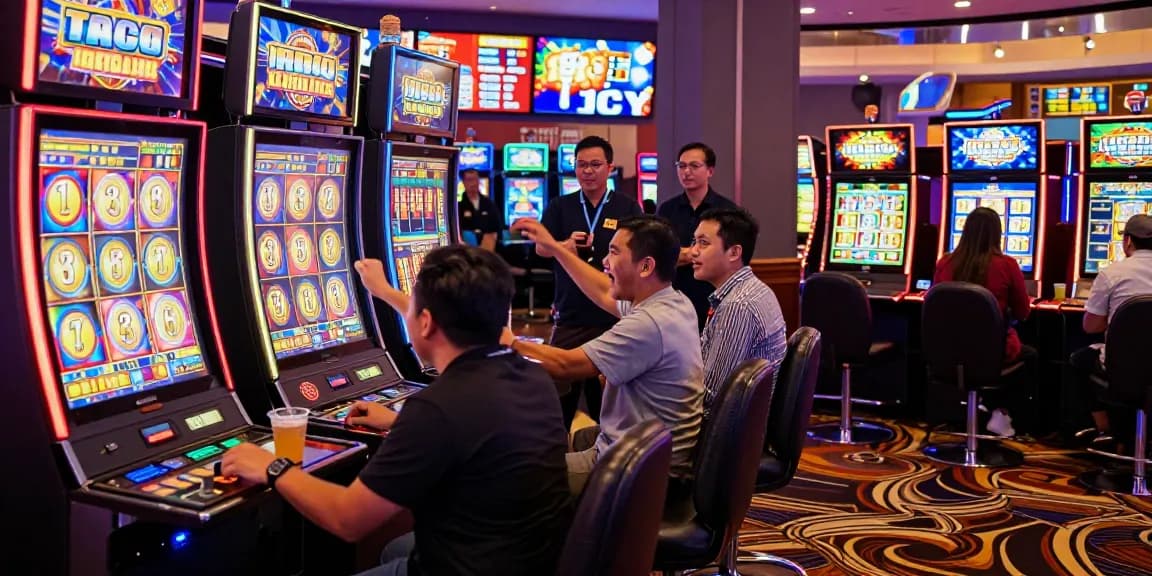 Exciting scene at a casino with players engaging at slot gacor machines amidst vibrant lights.