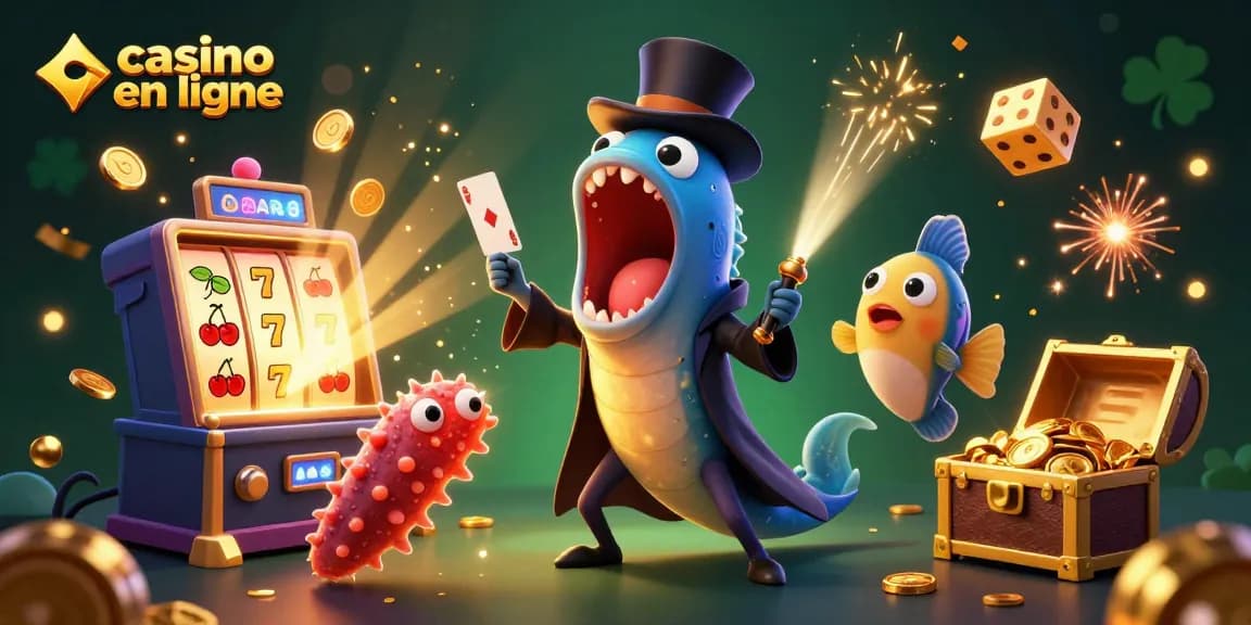 Vue dynamique du casino en ligne avec des éléments de jeu et un poisson-lanterne illuminant l'action.