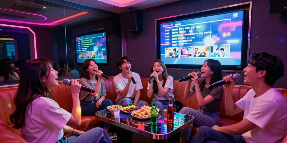 Experience joyful singing at 강남 유앤미 가라오케 in a lively private karaoke room.