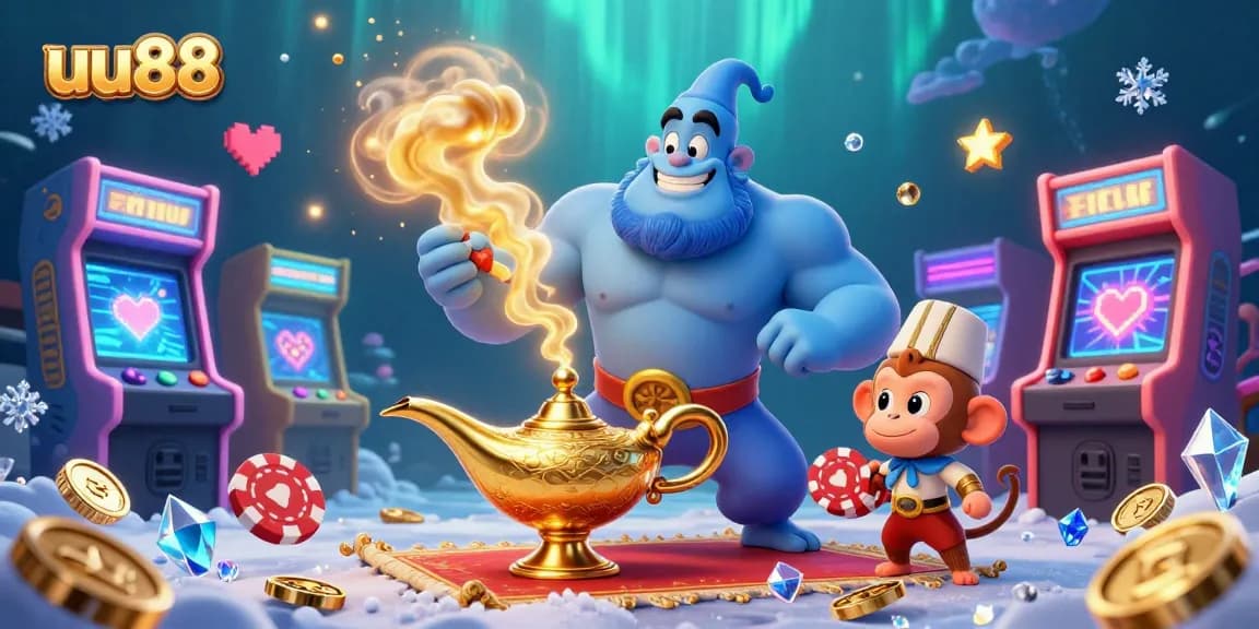 Engage with the magic of uu88 through vivid 3D casino-themed illustration featuring a genie and poker chips.