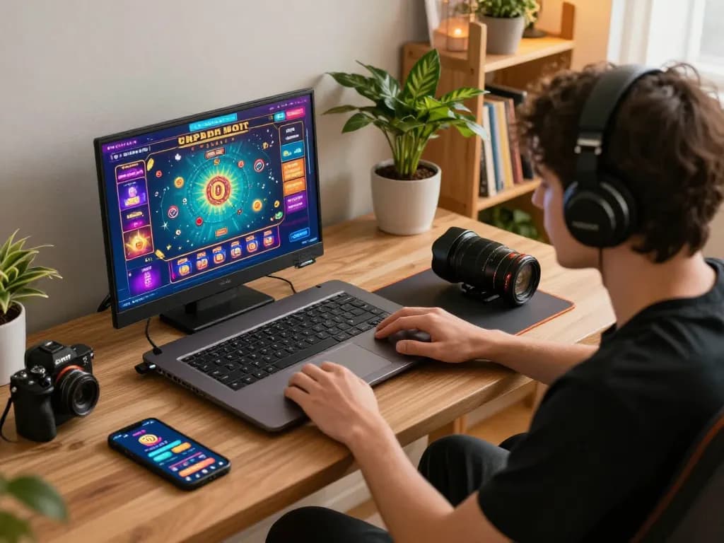 Engaging in online gaming at the best widget store with a laptop and betting app, showcasing responsible gambling.